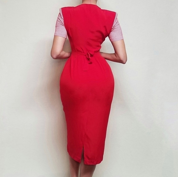 𝅺BRIOCHE 80s Vintage Red Gingham Plaid Cropped Jacket Tie Pleated Wiggle Dress - Picture 3 of 16